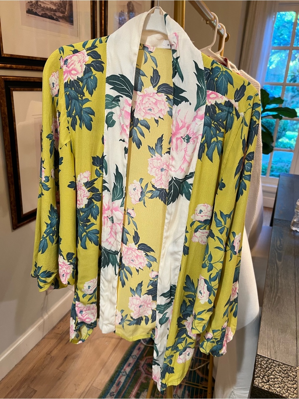Anthropologie Floral Open-Front Kimono Top in Chartreuse and Pink